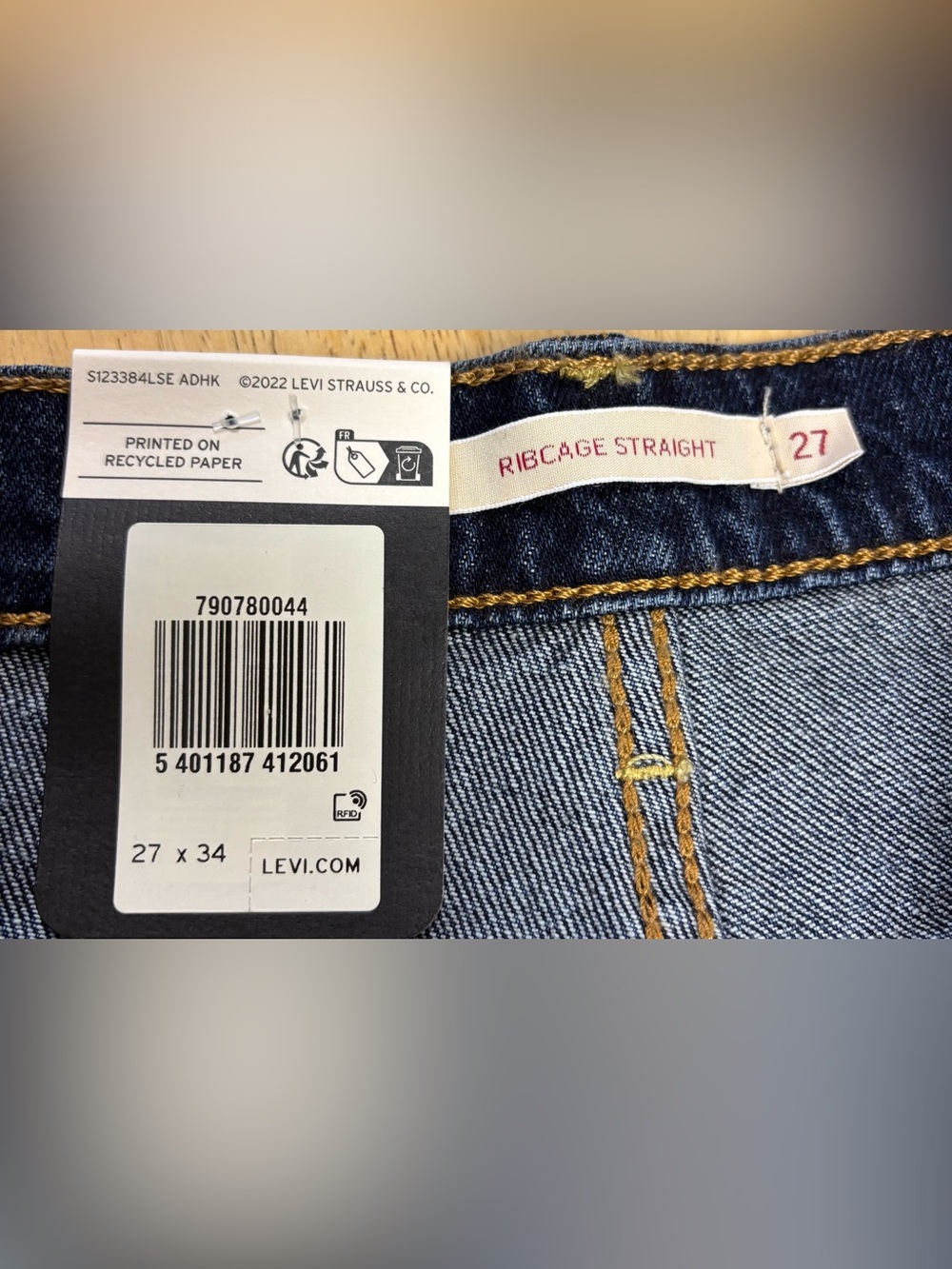 LEVI'S Premium Ribcage Straight Jeans Dark Wash Button Fly NWT Tall 27x34 27 - Picture 2 of 9